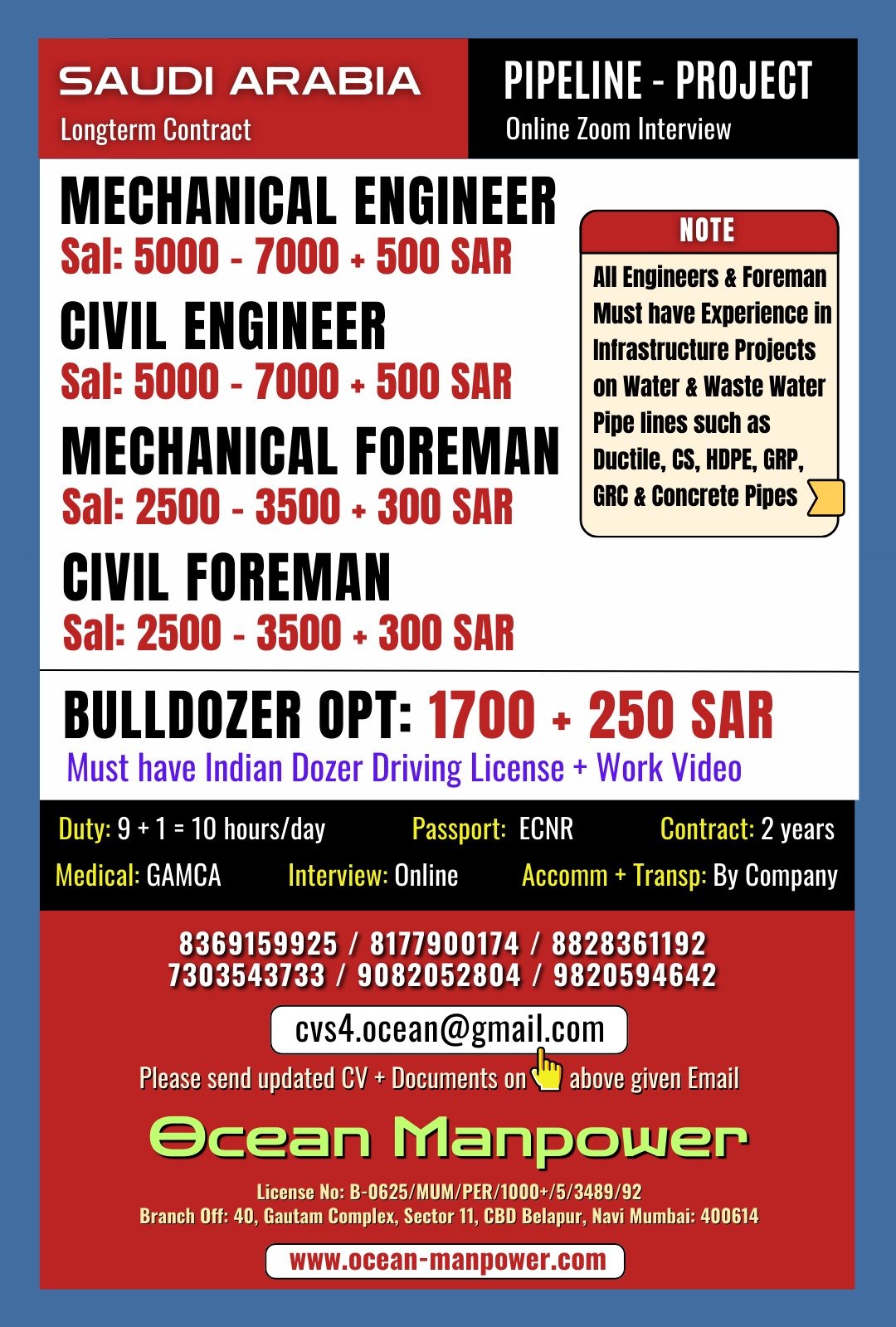 Saudi Arabia Pipeline Project Jobs, Mechanical Engineer Job Saudi, Civil Engineer Gulf Jobs, Bulldozer Operator Vacancy, Ocean Manpower Hiring, Gulf Jobs for Indians, Infrastructure Project Jobs Gulf
