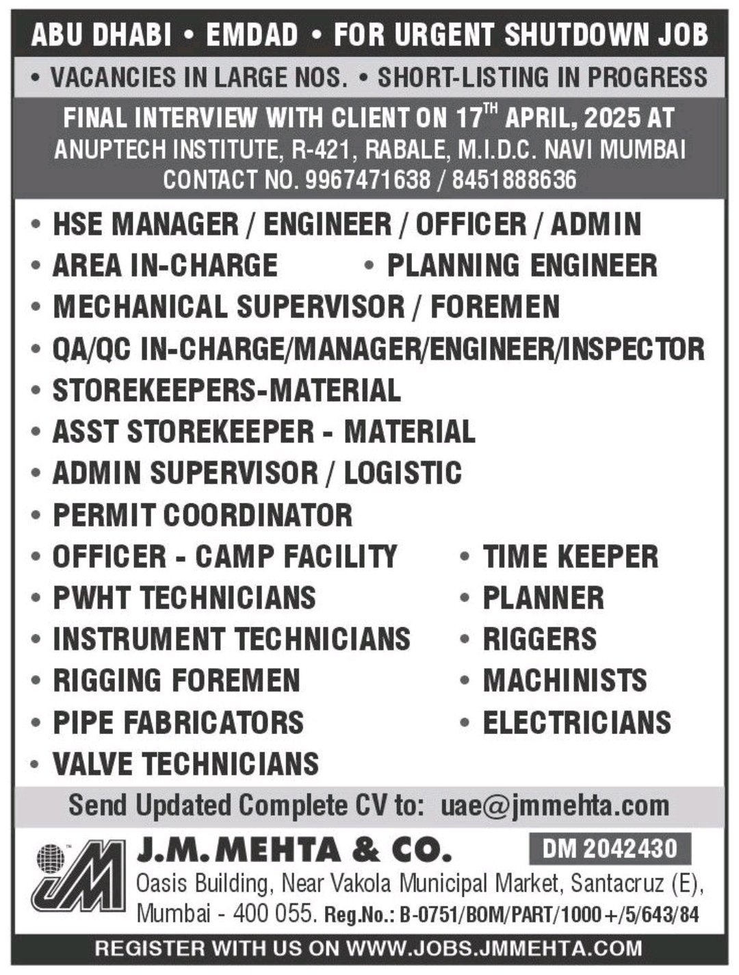 Abu Dhabi urgent shutdown job vacancies April 2025 – EMDAD final interview in Navi Mumbai by J.M. Mehta &