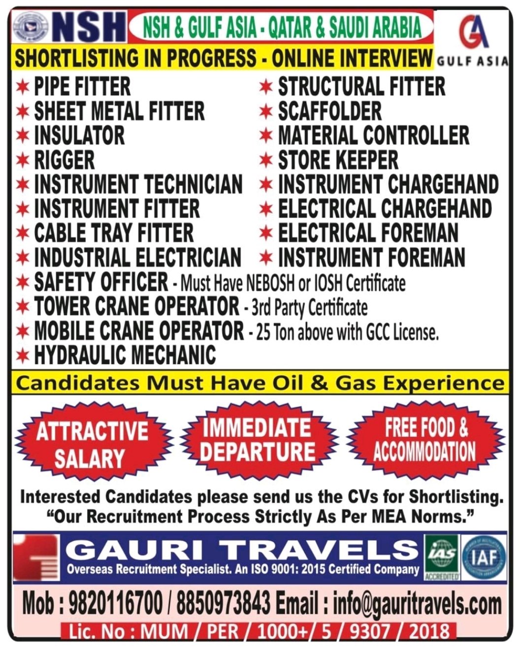 Job advertisement for NSH and Gulf Asia hiring shutdown workers for Qatar and Saudi Arabia with online interviews through Gauri Travels.