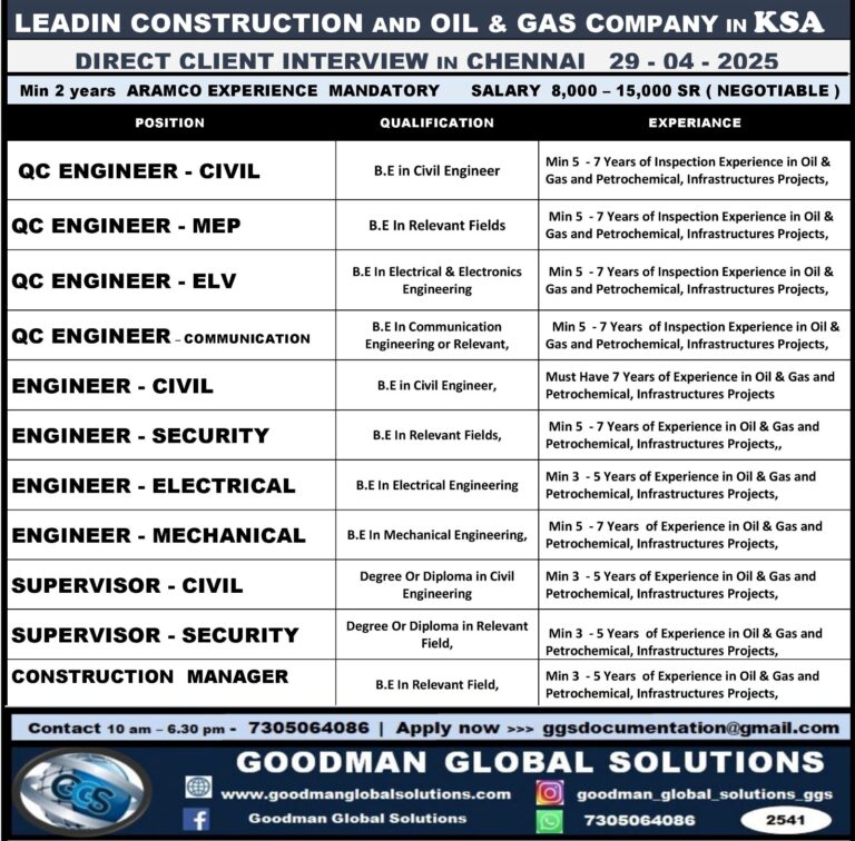 LEADING CONSTRUCTION AND OIL& GAS COMPANY IN KSA DIRECT CLIENT INTERVIEW IN CHENNAI 29-04-2025 Min  2 Years ARAMCO Experience Mandatory