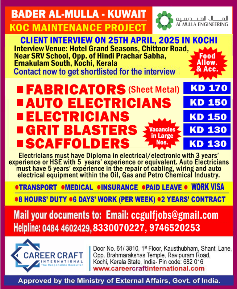Kuwait Job Vacancies – Bader Al-Mulla Client Interview in Kochi