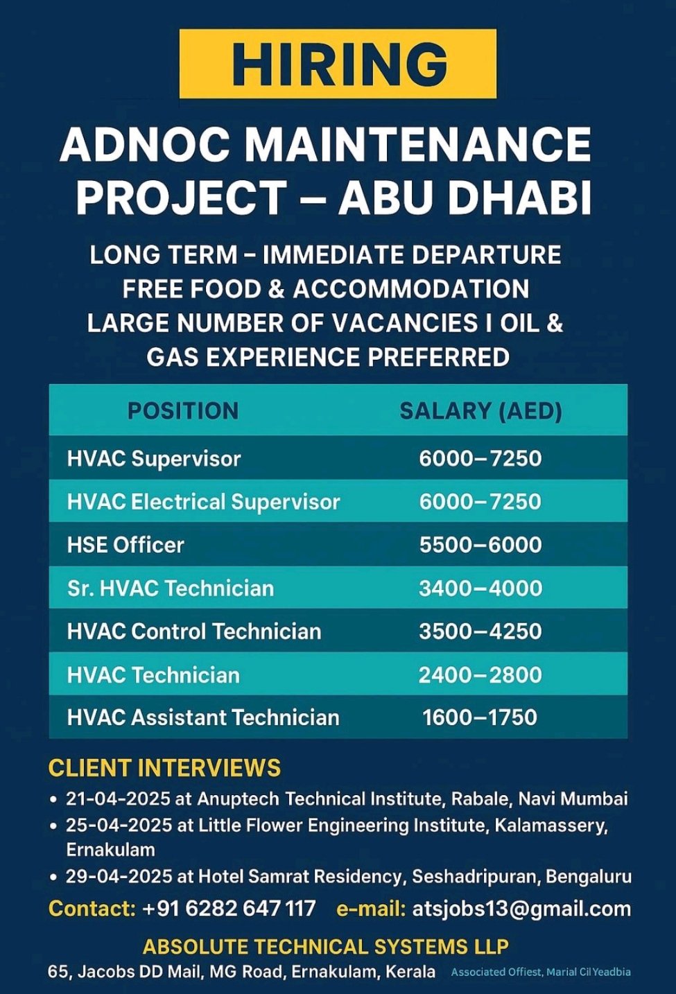ADNOC project job vacancies in Abu Dhabi for HVAC and HSE roles with free food and accommodation