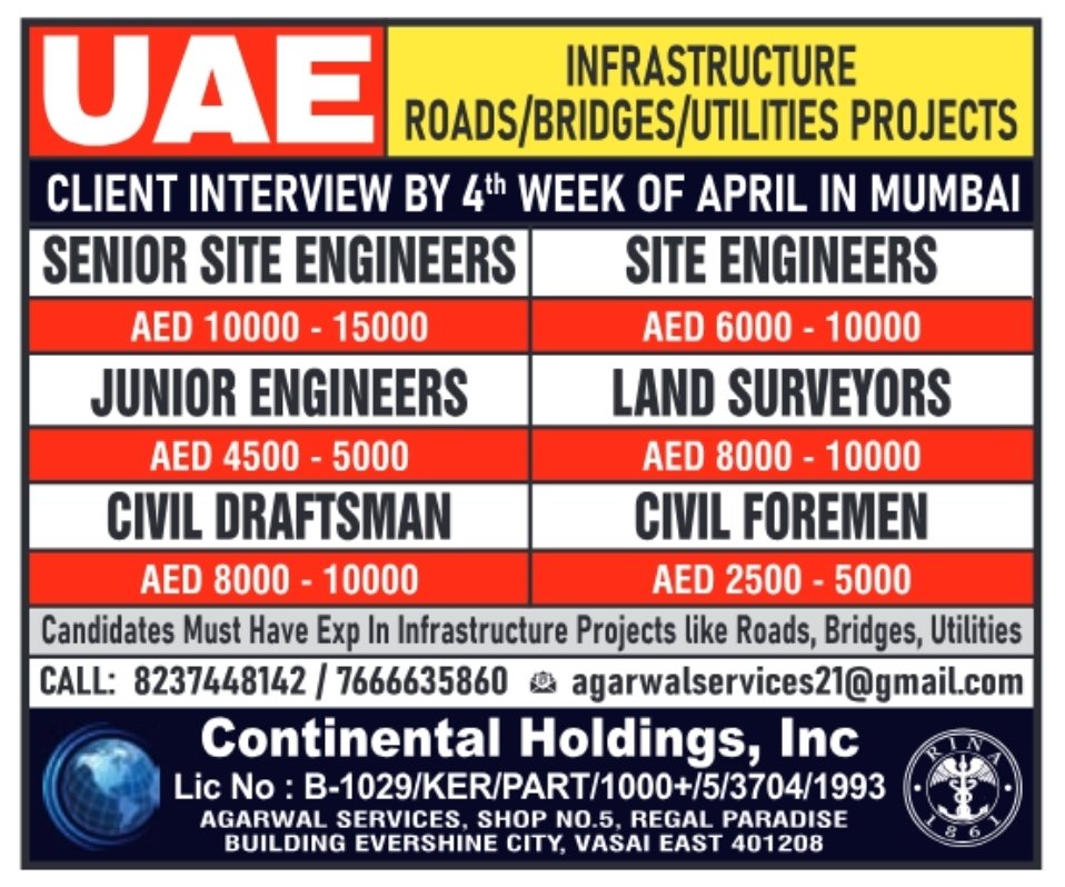 UAE job openings for engineers, draftsmen, and surveyors in infrastructure projects – interview in Mumbai, April 2025