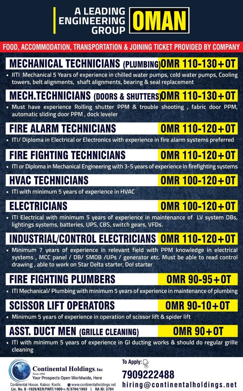 Job openings in Oman for technicians and electricians with salary details