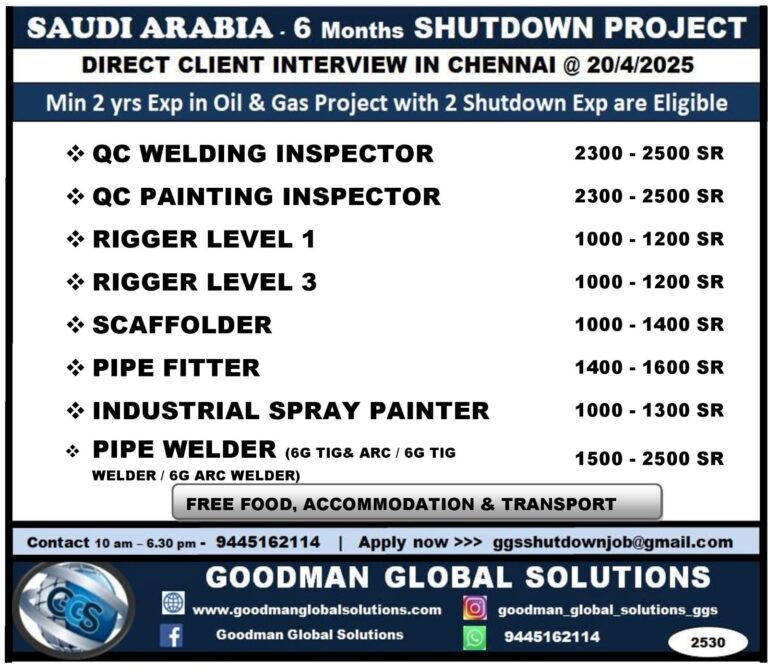 SAUDI ARABIA-6 Month SHUT DOWN PROJECT ( DIRECT CLIENT INTERVIEW IN CHENNAI@20/4/2025 ) 1 SAUDI ARABIA-6 Month SHUT DOWN PROJECT ( DIRECT CLIENT INTERVIEW IN CHENNAI@20/4/2025 )