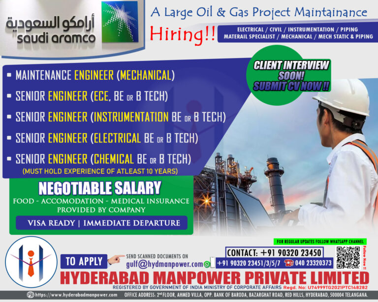 Urgen Hiring for A Leading Oil & Gas Maintenance project – Saudi Arabia