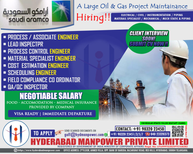 Urgen Hiring for A Leading Oil & Gas Maintenance project – Saudi Arabia