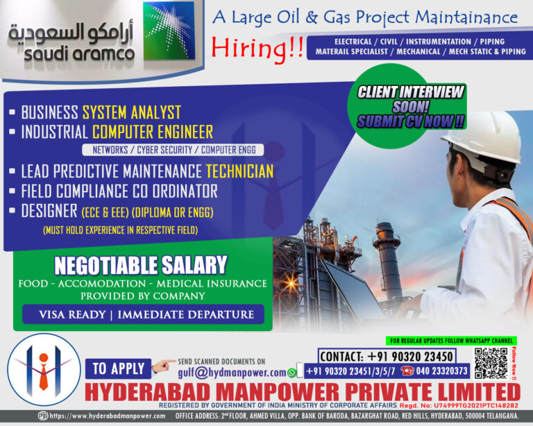 Urgen Hiring for A Leading Oil & Gas Maintenance project – Saudi Arabia