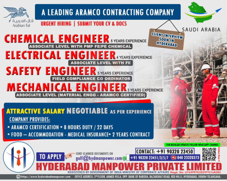 Urgnet Hiring for A Leading Aramco Contracting Company of Saudi Arabia