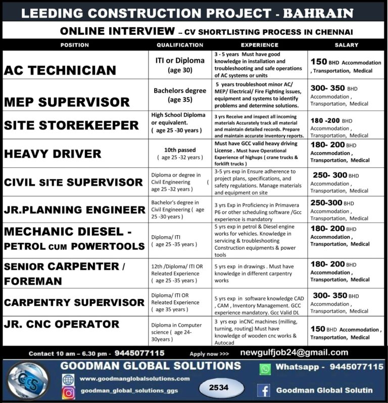 Leeding Construction Project Hiring for Bahrain – CV Shortlisting in Chennai 2 Leeding Construction Project Hiring for Bahrain – CV Shortlisting in Chennai