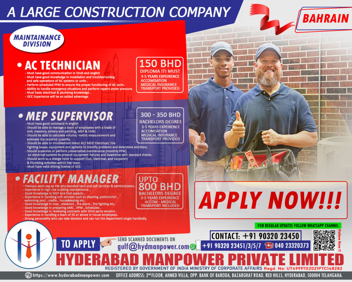 Job openings in Bahrain for AC Technician, MEP Supervisor, and Facility Manager through Hyderabad Manpower Private Limited