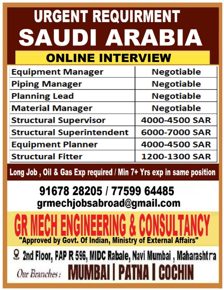 URGENT REQUIREMENT FOR SAUDI ARABIA