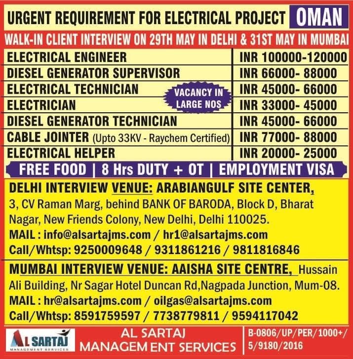 Ad showing electrical job openings in Oman with walk-in interviews scheduled in Delhi and Mumbai