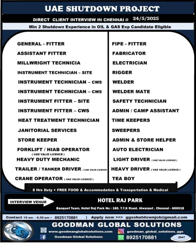 UAE SHUTDOWN PROJECT  DIRECT CLIENT INTERVIEW IN CHENNAI 24 – 05 – 2025