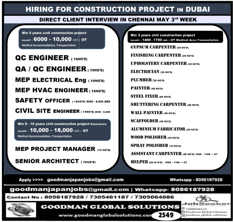 LEADIN CONSTRUCTION PROJECT IN UAE  | DIRECT CLIENT INTERVIEW IN CHENNAI  @ MAY 3rd  week