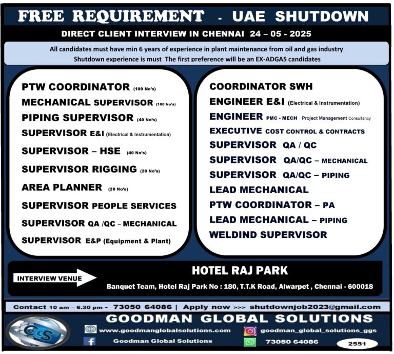 FREE REQUIREMENT UAE SHUTDOWN PROJECT | DIRECT CLIENT INTERVIEW IN CHENNAI  24 – 05 – 2025