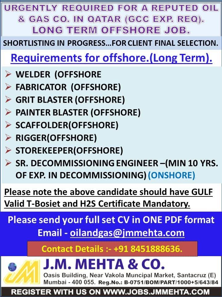 Hiring notification from J.M. Mehta & Co. for offshore oil & gas jobs in Qatar with required certifications