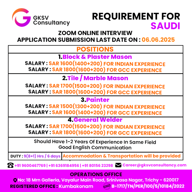 Urgent Hiring for saudi arabia