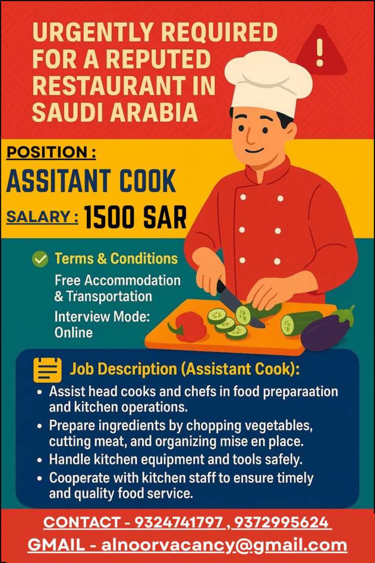 URGENTLY REQUIRED FOR A REPUTED RESTAURANT IN SAUDI ARABIA