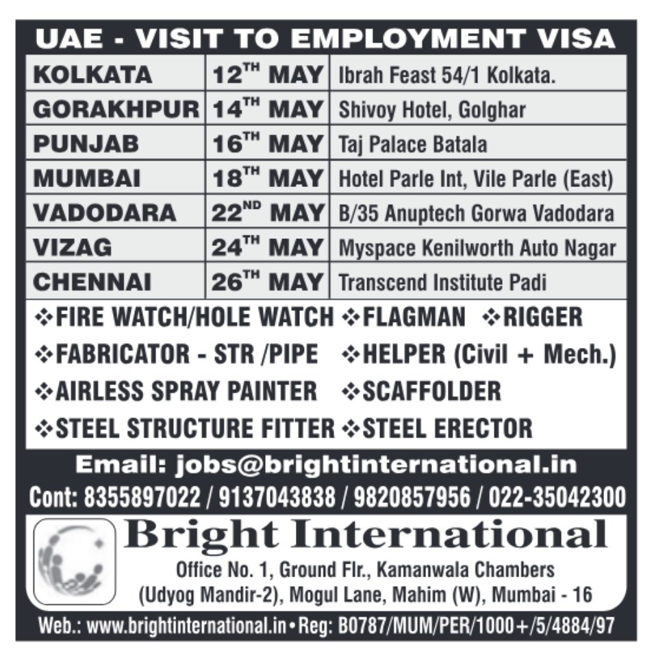 Bright International May 2025 UAE job interview schedule for Indian candidates