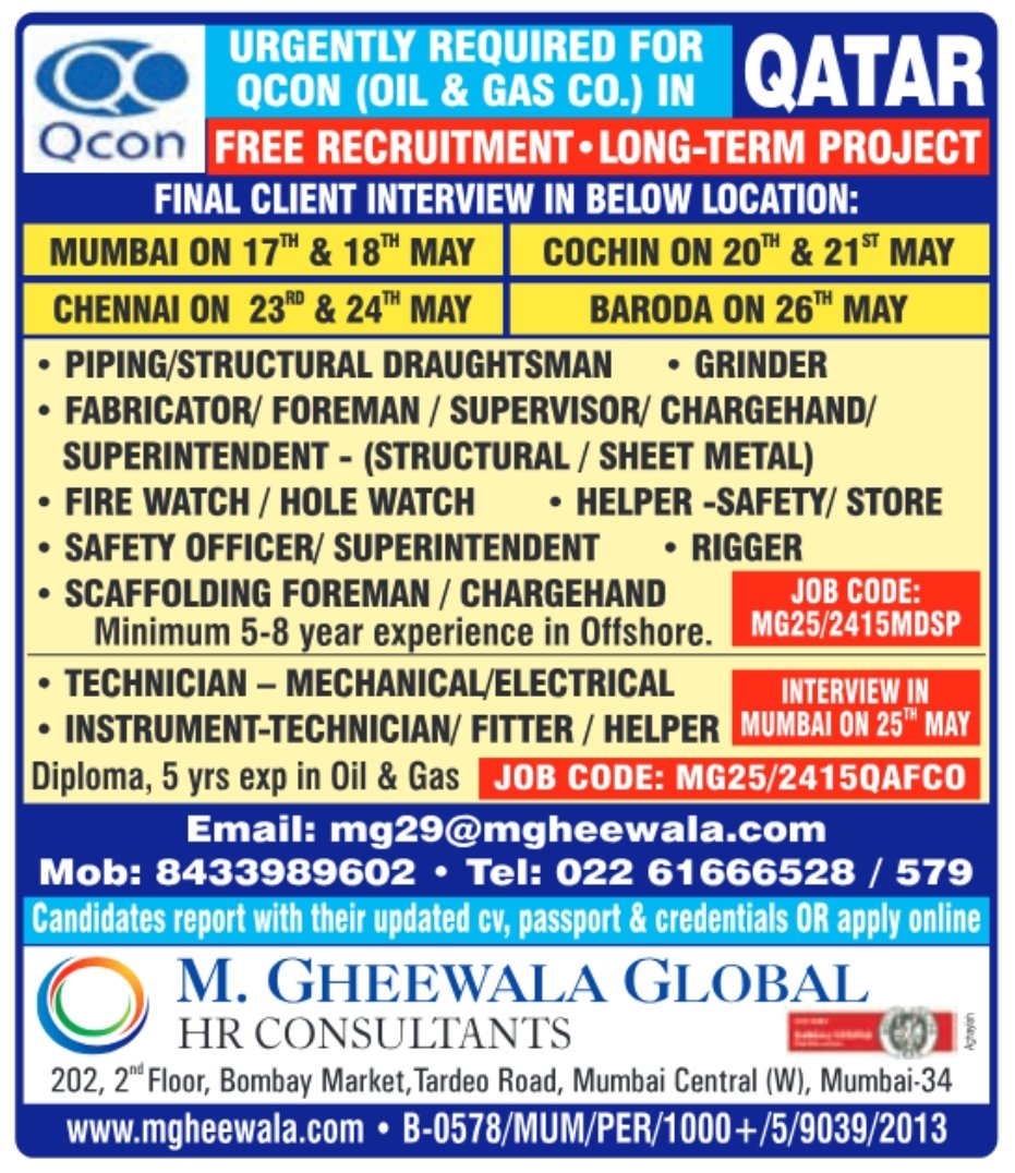 Qatar oil and gas job interview schedule for May 2025 across India by M. Gheewala Global