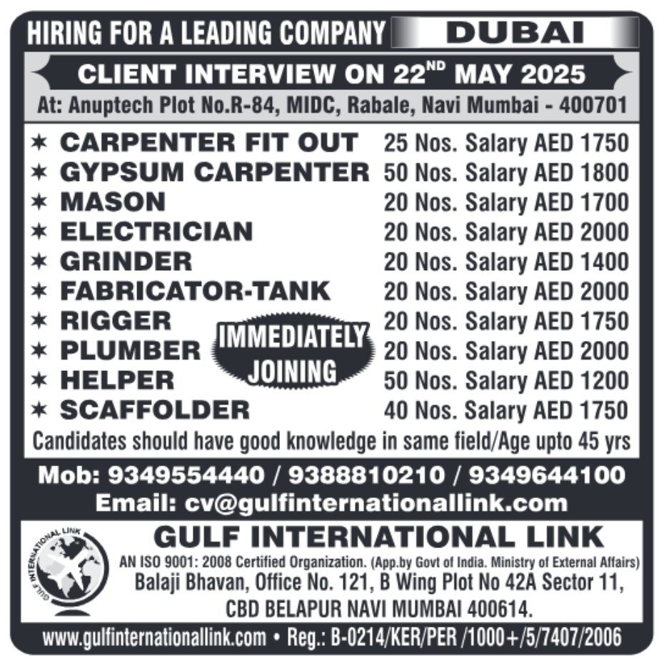 Dubai job vacancies May 2025 client interview at Anuptech Navi Mumbai