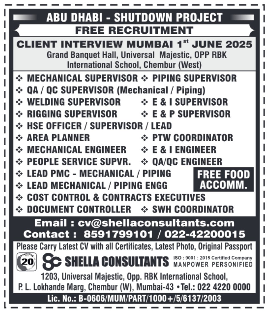 Recruitment notice for Abu Dhabi shutdown project with interview details and job roles