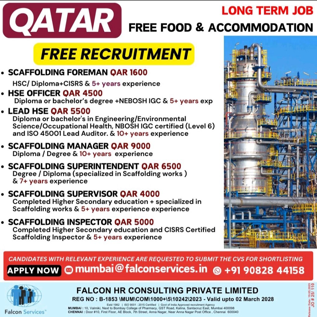 Job advertisement for scaffolding and HSE positions in Qatar with free food and accommodation, Falcon HR Consulting