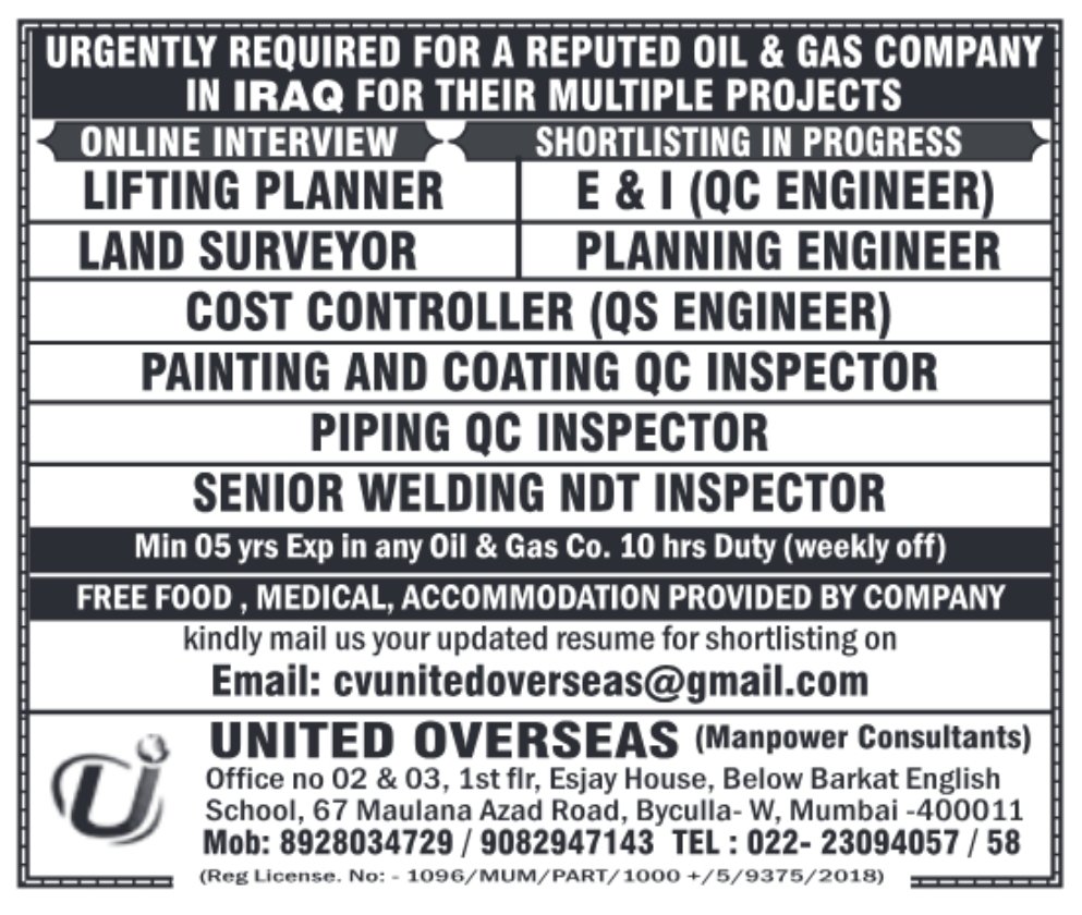 Job openings in Iraq for Oil & Gas projects by United Overseas