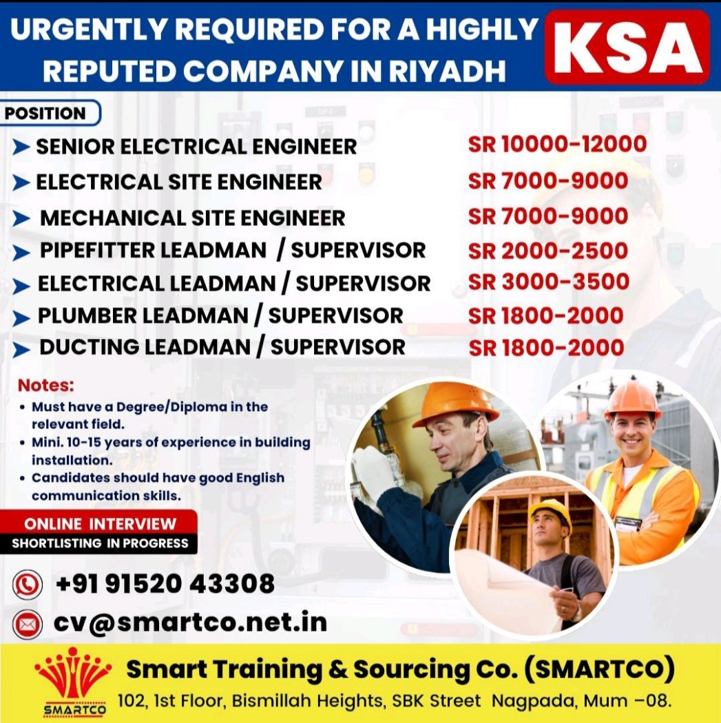 Job advertisement listing engineering and leadman positions in Riyadh with salary details