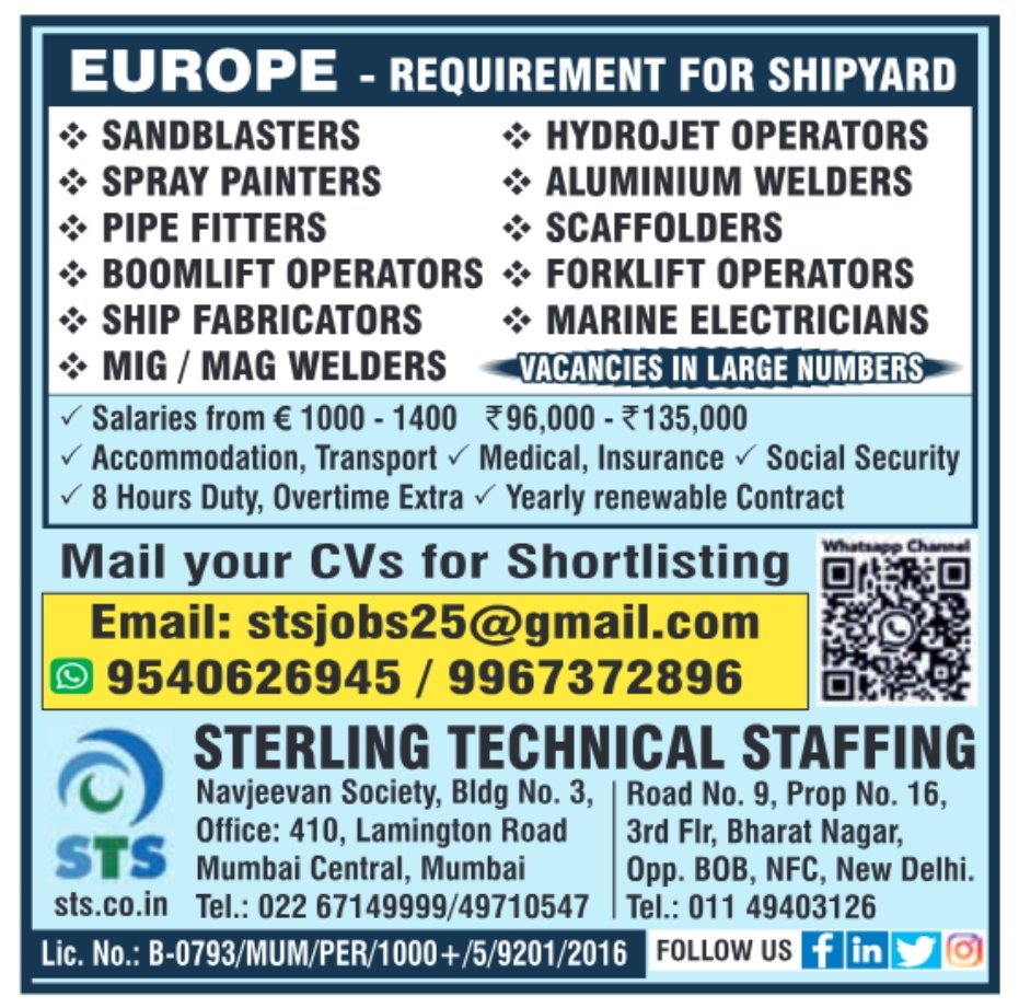 Europe shipyard job advertisement by Sterling Technical Staffing featuring multiple skilled trade vacancies and contact details