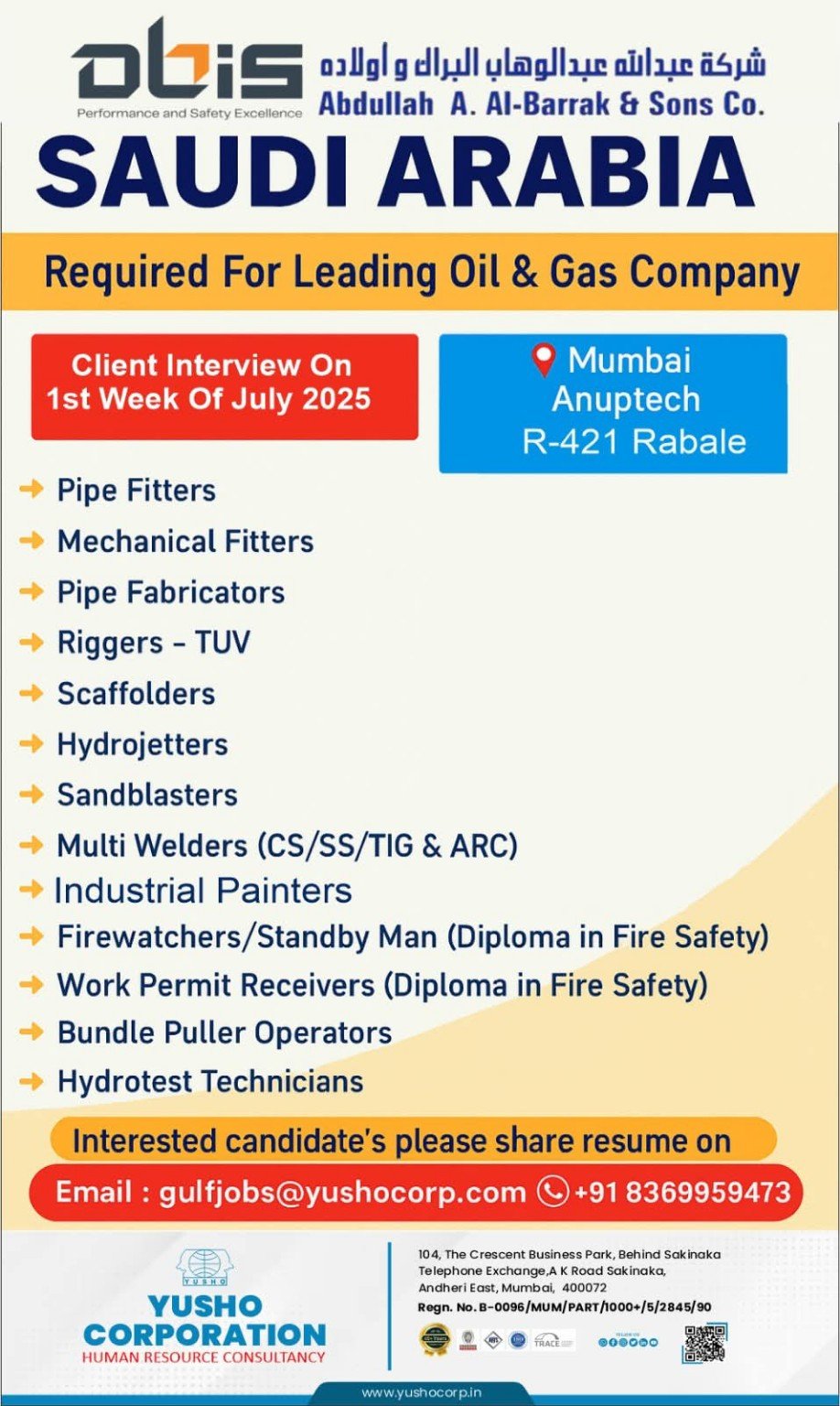 Saudi Arabia oil and gas job vacancies with Mumbai interview in July 2025