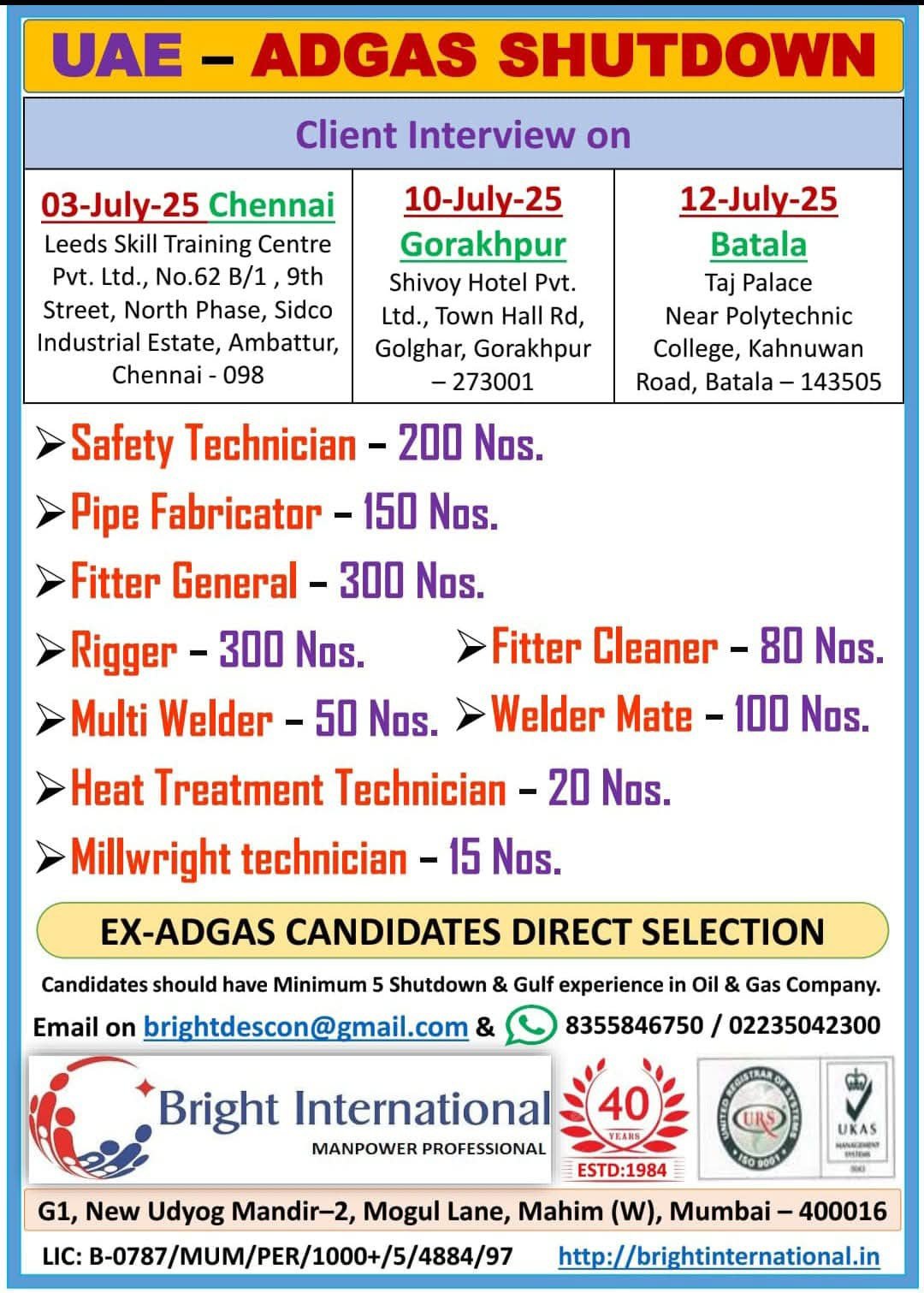 Free recruitment for UAE ADGAS Shutdown – Safety Technician, Rigger, Fitter, Welder, more – Interviews in India