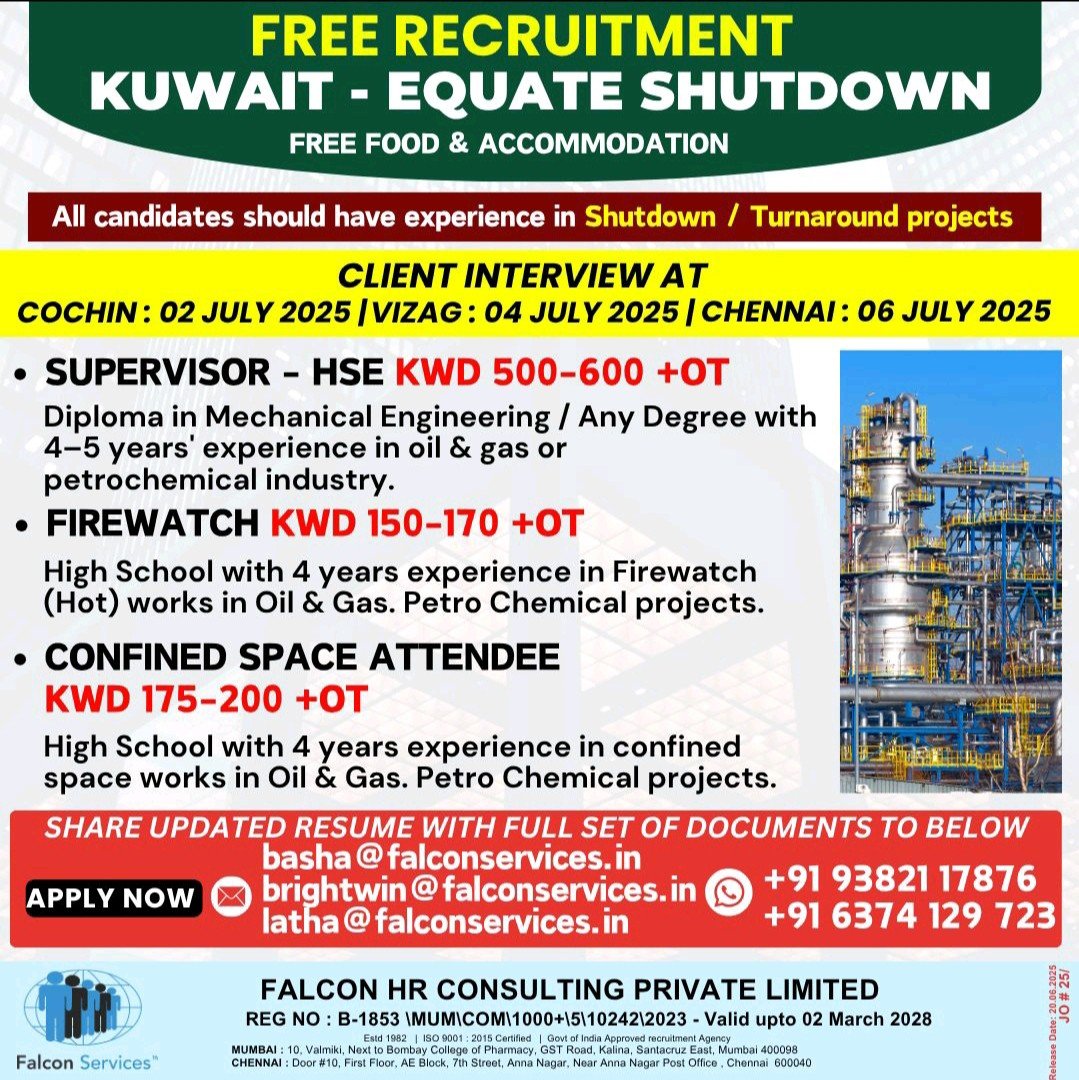 Kuwait shutdown job vacancies for Supervisor HSE, Firewatch, and Confined Space Attendee with Falcon HR Consulting