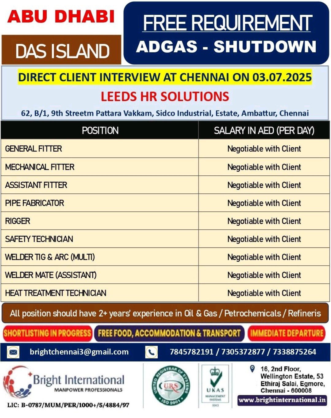 ob vacancies for ADGAS shutdown project in Das Island Abu Dhabi with client interview on 3rd July in Chennai