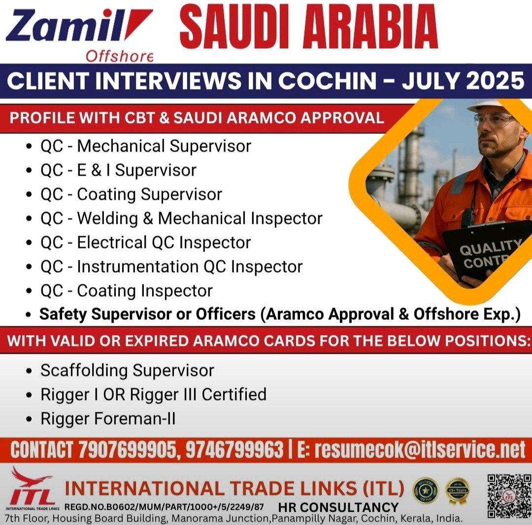 Zamil Offshore hiring QC inspectors and safety officers with Aramco approval for Saudi Arabia via Cochin interview