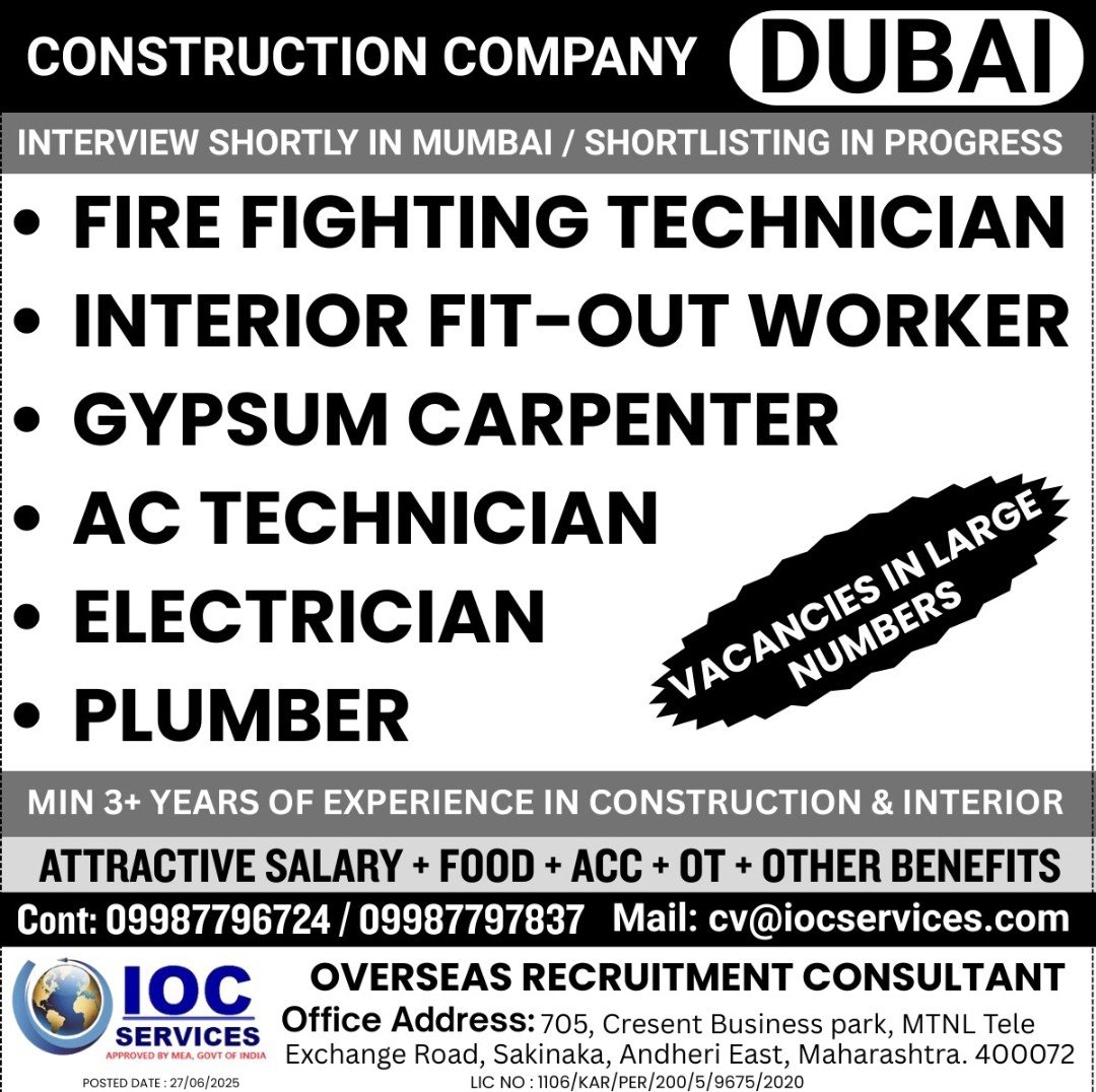 Urgent job vacancies in Dubai construction company for skilled workers through IOC Services