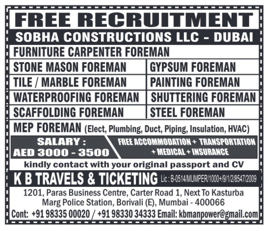 Dubai foreman job vacancies for Sobha Constructions via KB Travels