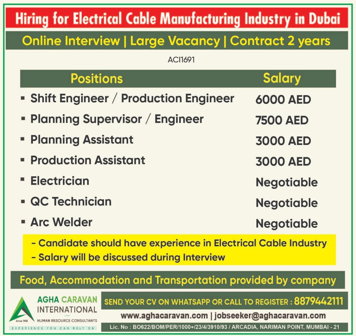 Hiring for electrical cable manufacturing industry in Dubai with online interviews and free accommodation