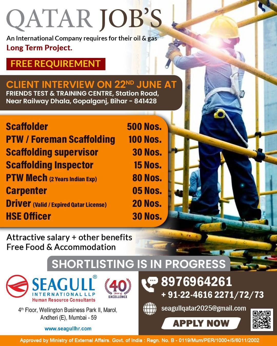 Scaffolding and mechanical jobs for Qatar long-term project with client interview in Gopalganj Bihar