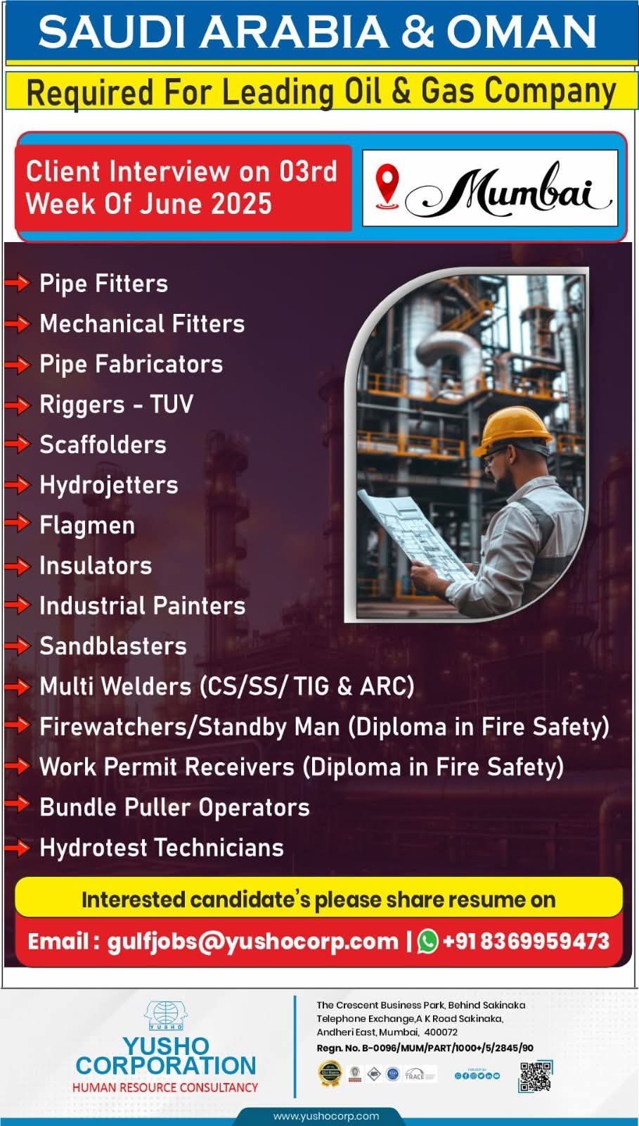 ob openings in Saudi Arabia and Oman for pipe fitters, riggers, welders, and more – Interview in Mumbai