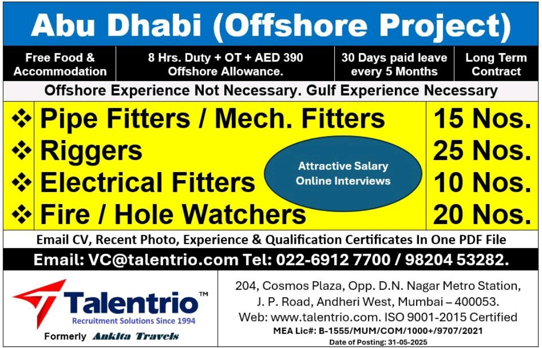 Job ad for offshore positions in Abu Dhabi with Talentrio, listing openings, benefits, and application process