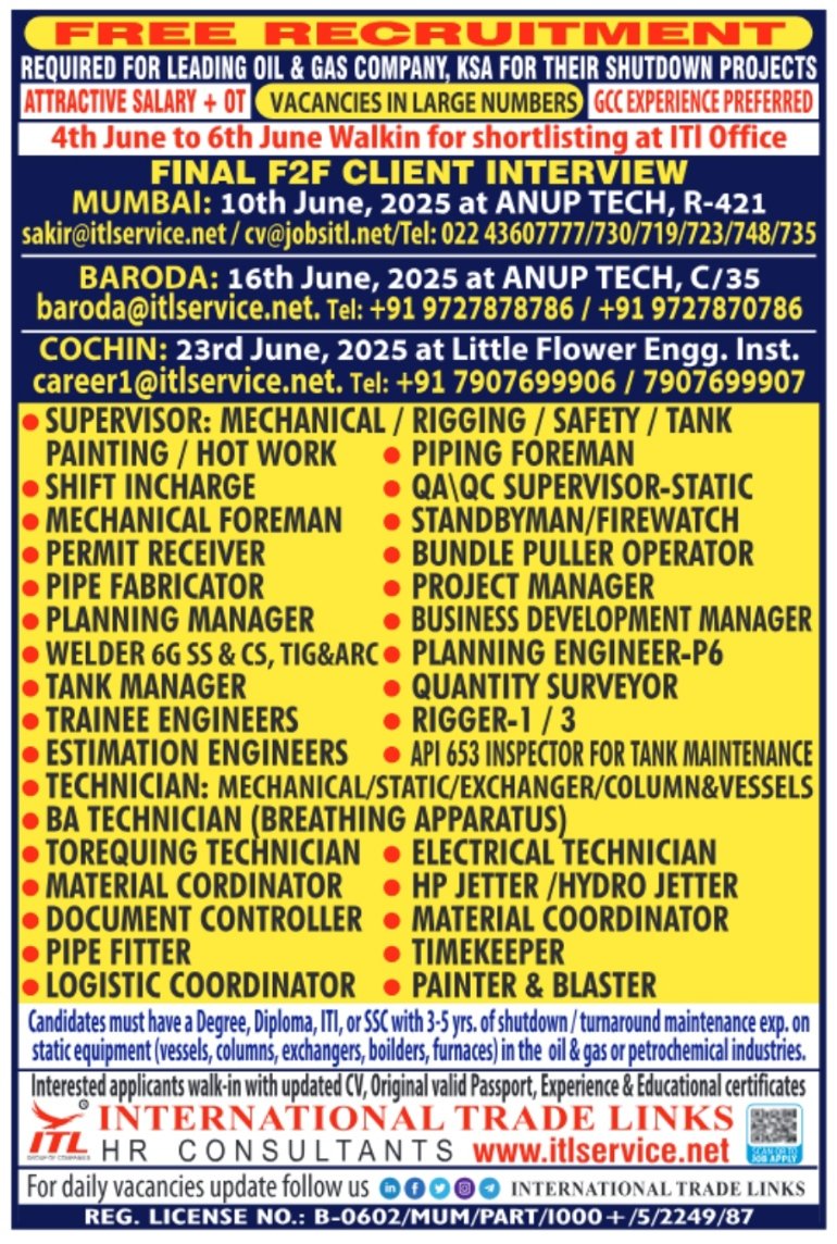 Job advertisement for Saudi shutdown projects with walk-in interview dates in Mumbai, Baroda, and Cochin
