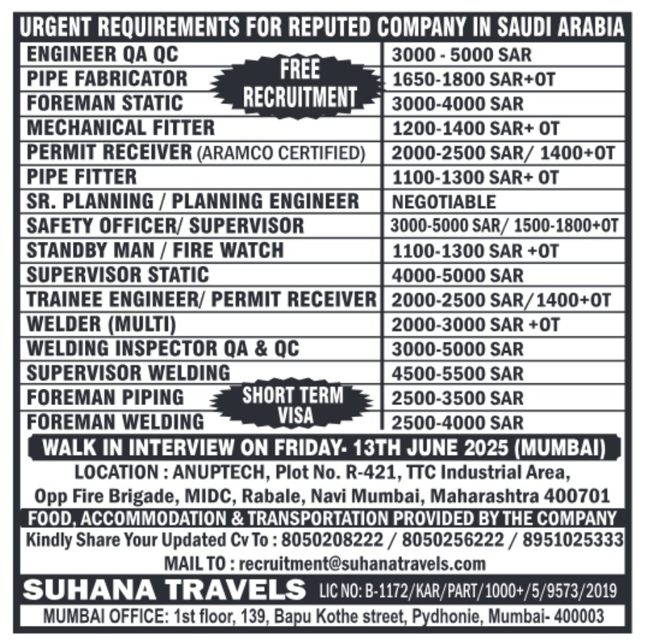 ob advertisement for Saudi Arabia vacancies with walk-in interview details in Mumbai by Suhana Travels