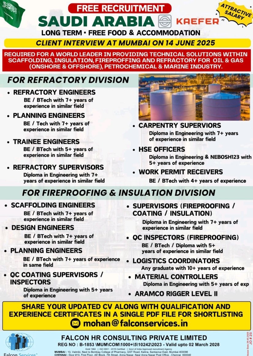 Free recruitment for Kaefer Saudi Arabia with walk-in interview in Mumbai on 14 June 2025 for engineering and technical roles