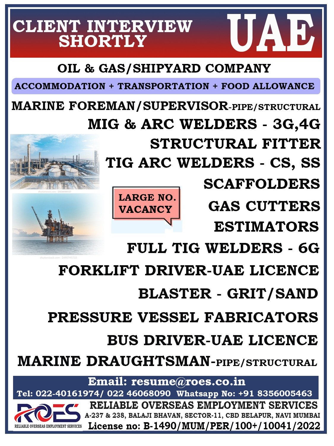 UAE job openings in oil and gas and shipyard sector for welders, drivers, supervisors and more