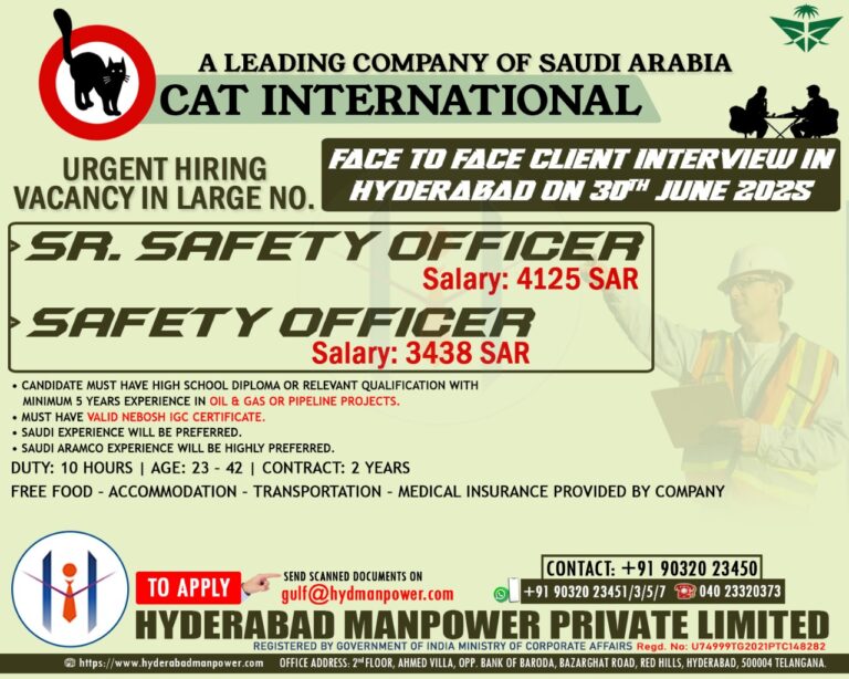 Urgent Hiring for A Leading CAT International Company for Saudi Arabia