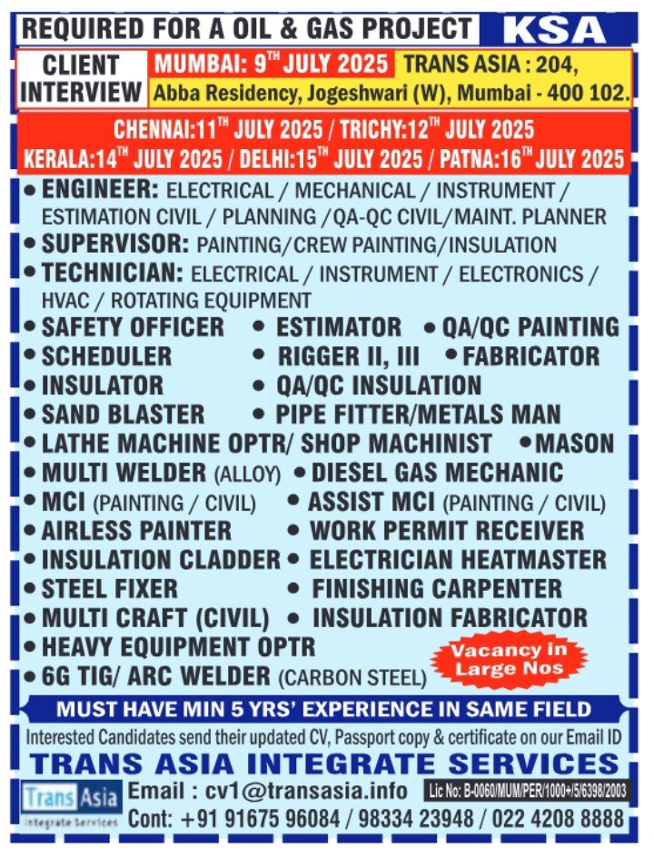 Saudi Arabia oil and gas project job openings with interviews across India