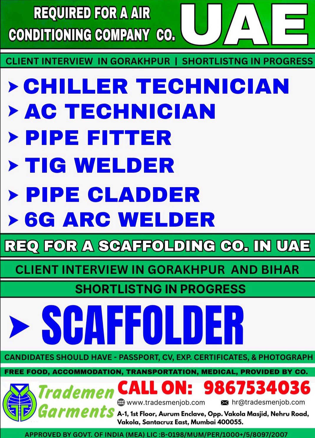 UAE job vacancies for AC technician, welders, scaffolders with interviews in Gorakhpur and Bihar