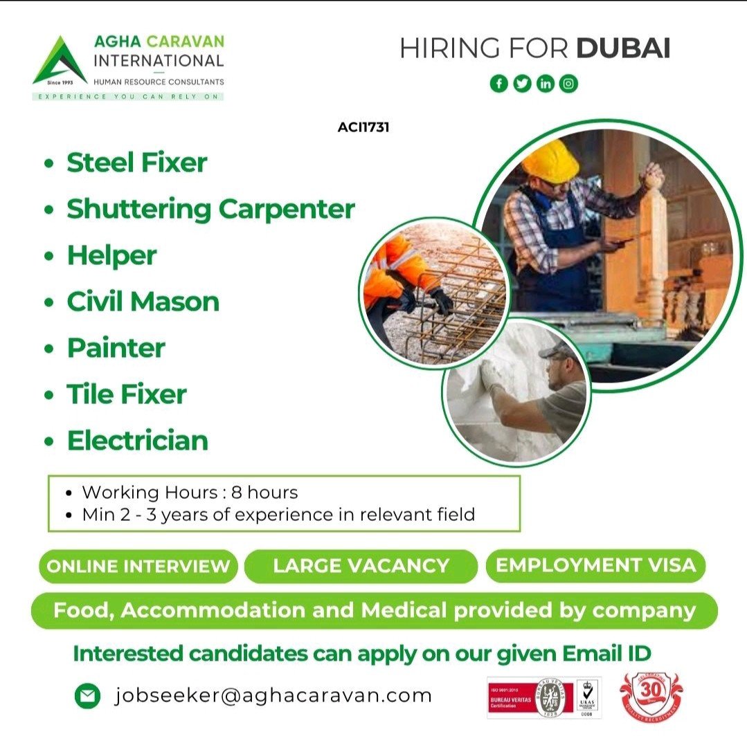 Hiring for Dubai – Jobs for Steel Fixer, Mason, Electrician, and more
